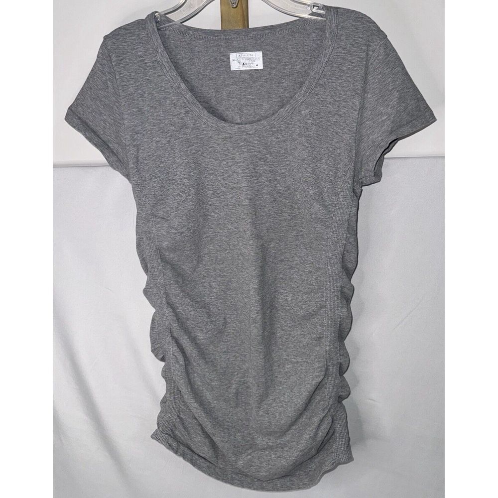 Athleta Pure Tee‎ Style 438728 Gray Short Sleeve Ruched Slim-Fit Top Size M